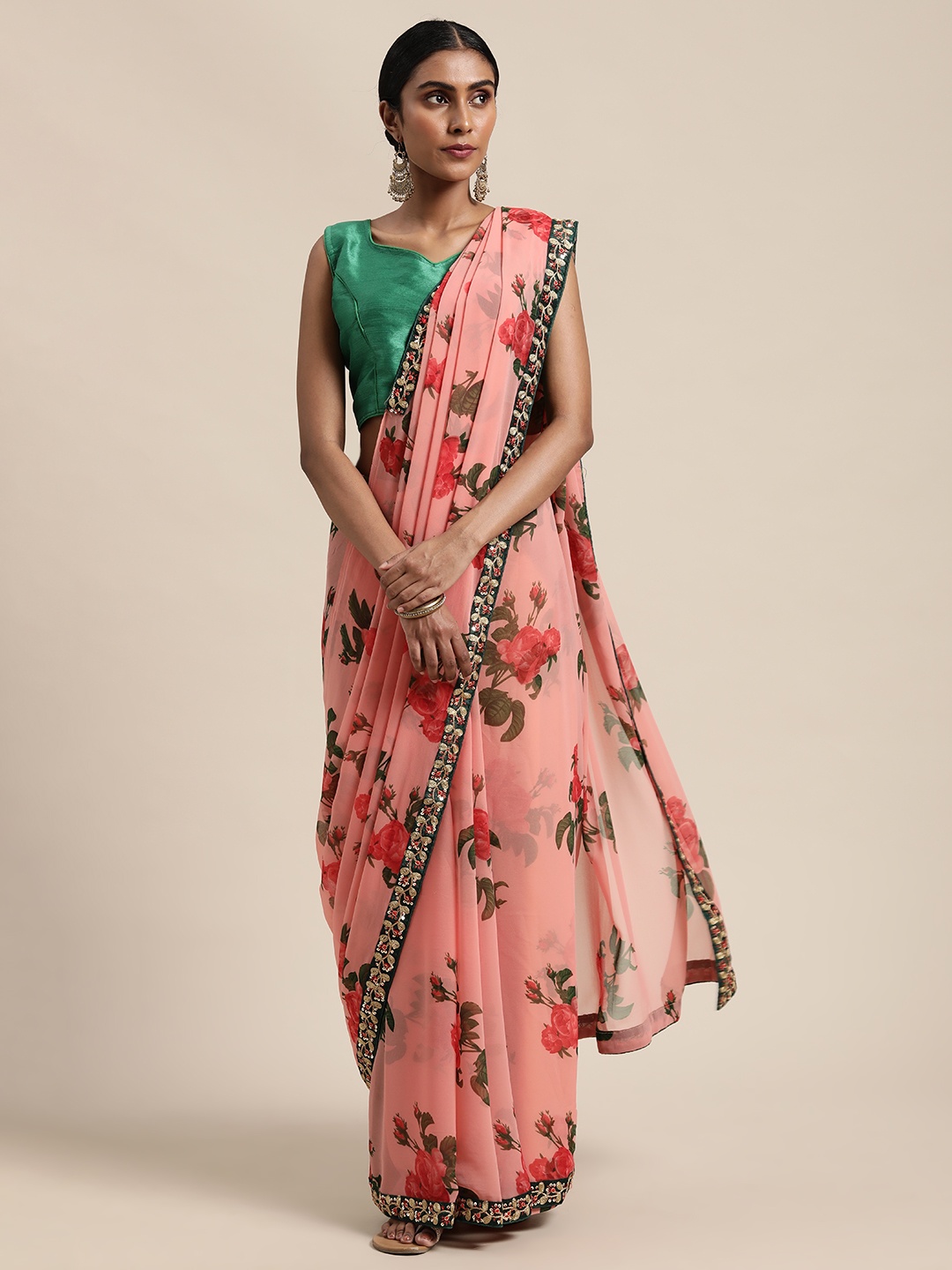 

VASTRANAND Peach Floral Sequinned Saree