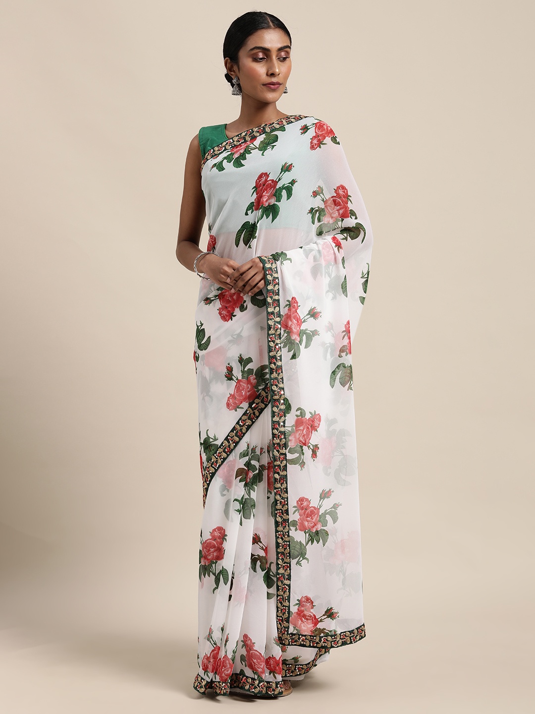 

VASTRANAND White & Red Floral Print Sequinned Detail Saree