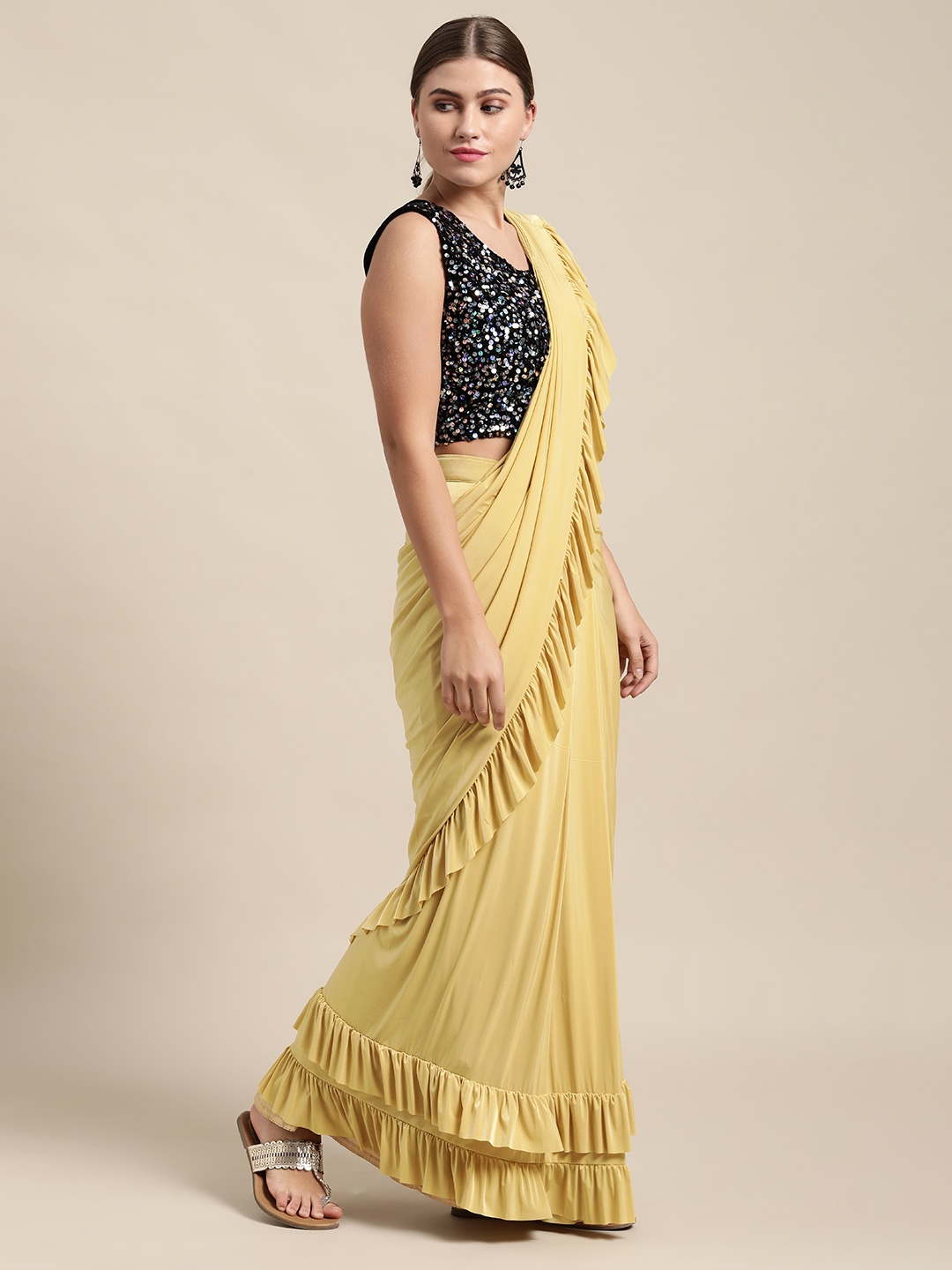 

VASTRANAND Lime Green Sequinned Ready to Wear Saree with Ruffles