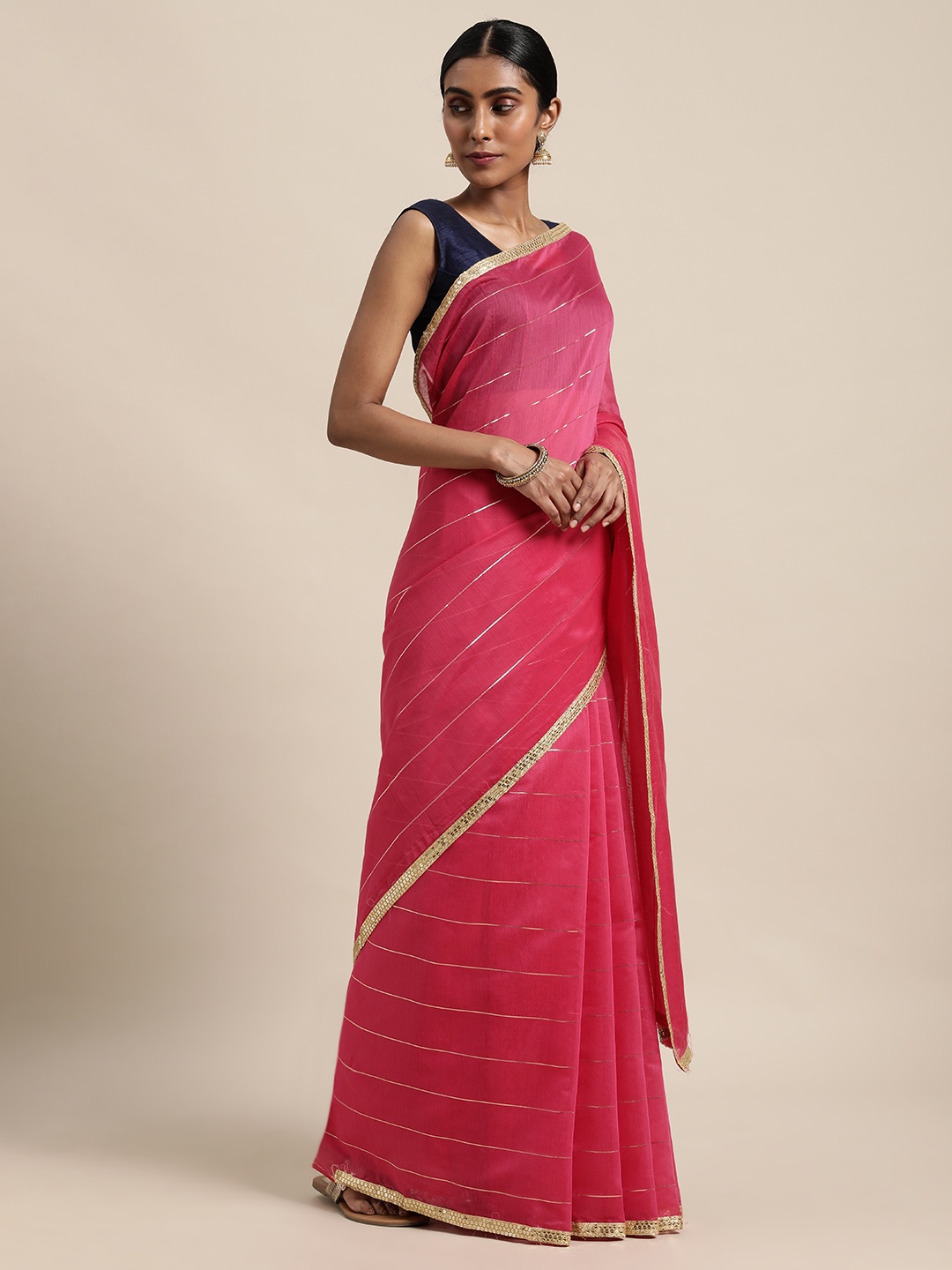 

VASTRANAND Pink Striped Sequinned Saree
