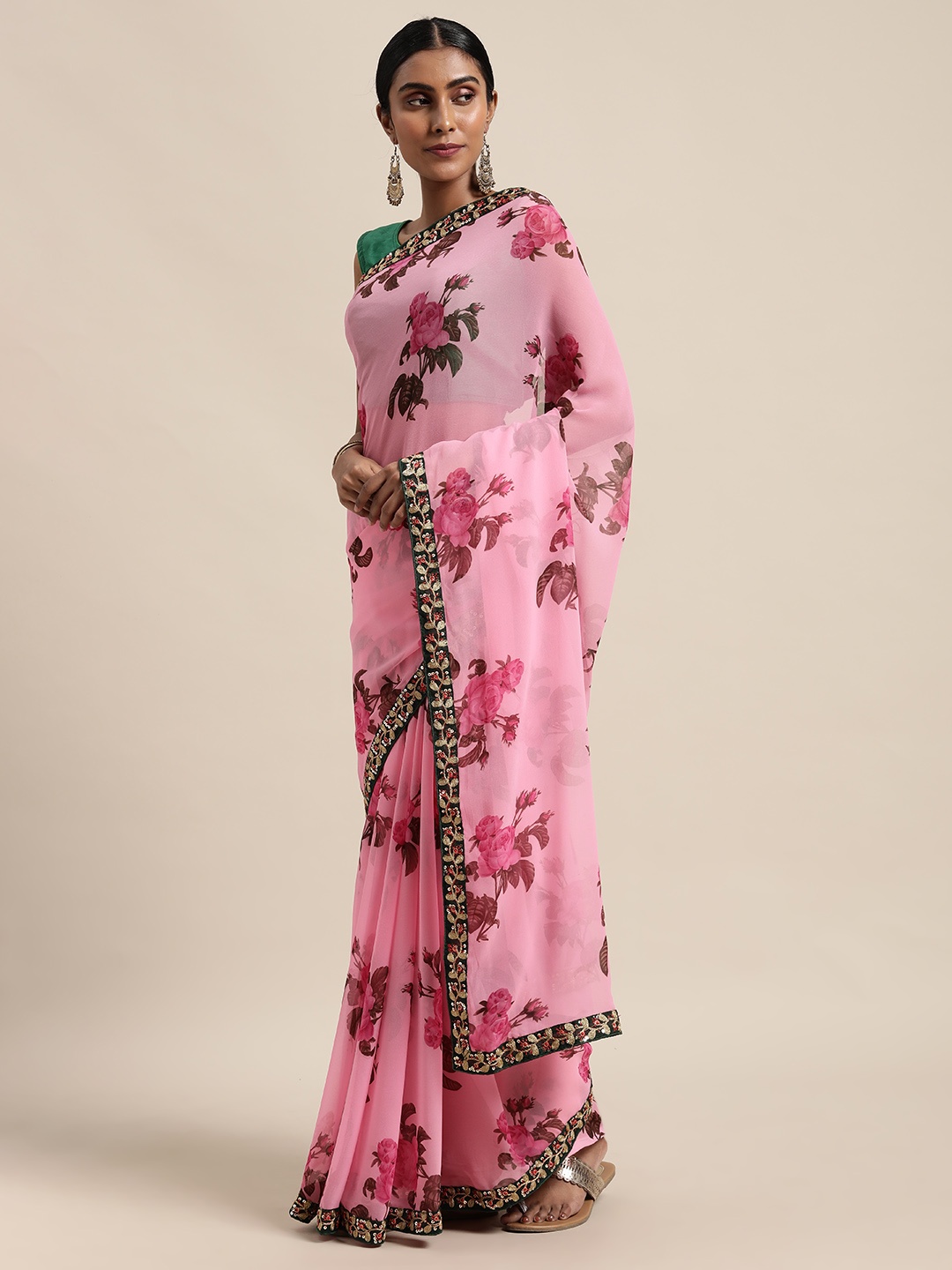 

VASTRANAND Pink Floral Sequinned Saree