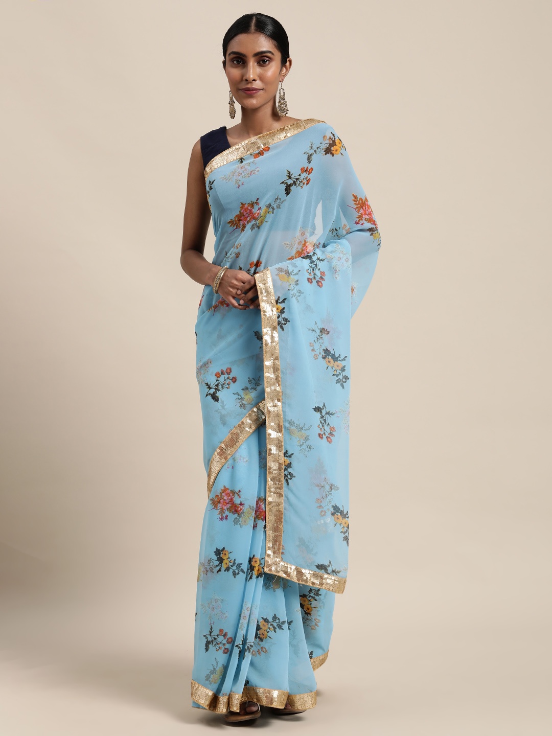 

VASTRANAND Blue & Mustard Floral Sequinned Saree