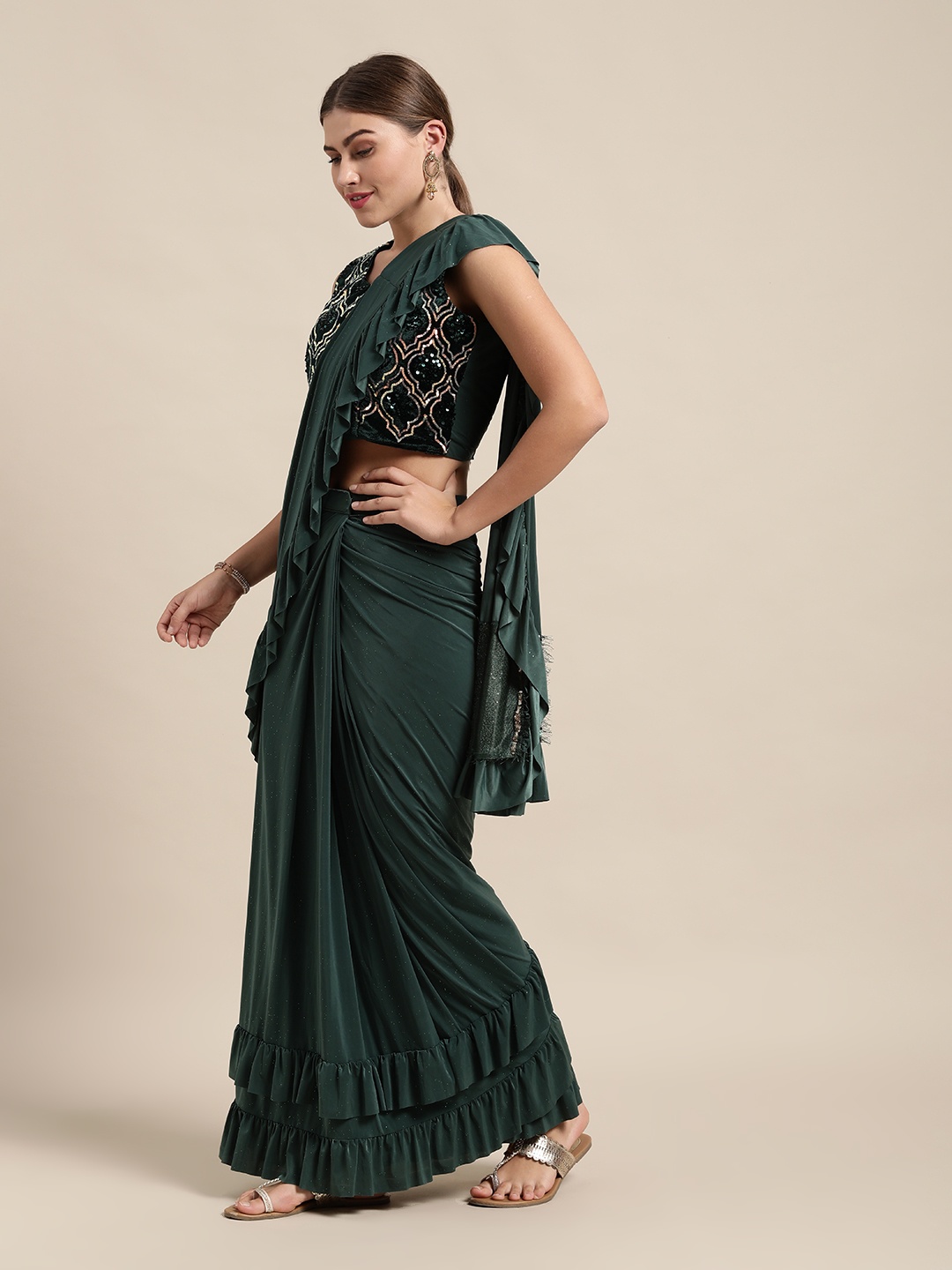 

VASTRANAND Green Sequinned Ruffle Ready To Wear Saree with Sequinned Blouse