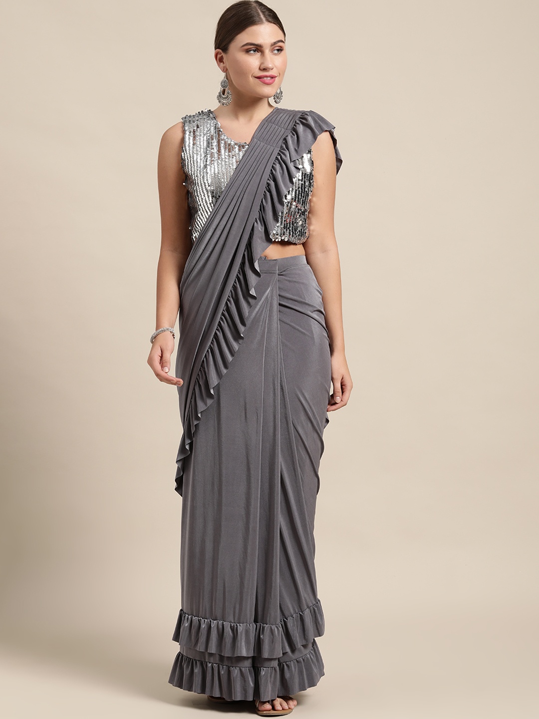 

VASTRANAND Grey Solid Ruffled Ready to Wear Saree