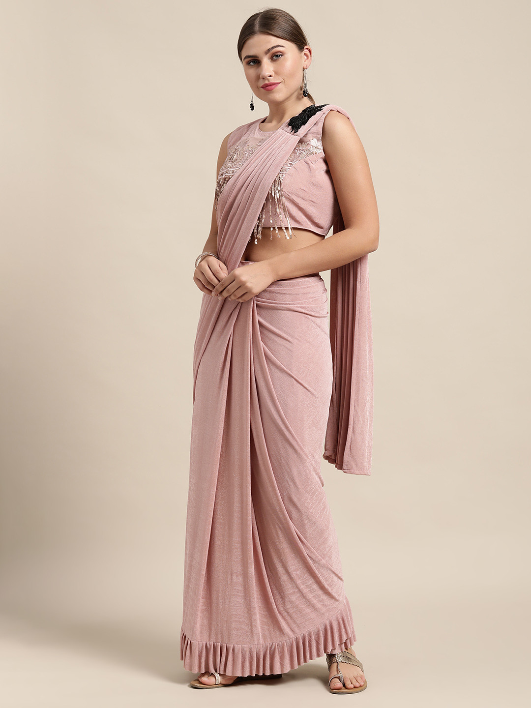 

VASTRANAND Mauve Solid Ready to Wear Ruffle Saree