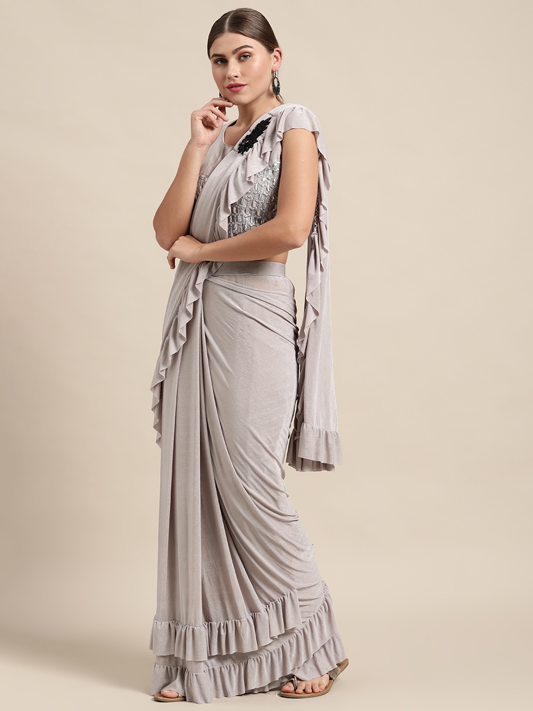 

VASTRANAND Grey Ruffled Ready To Wear Saree with Sequinned Blouse