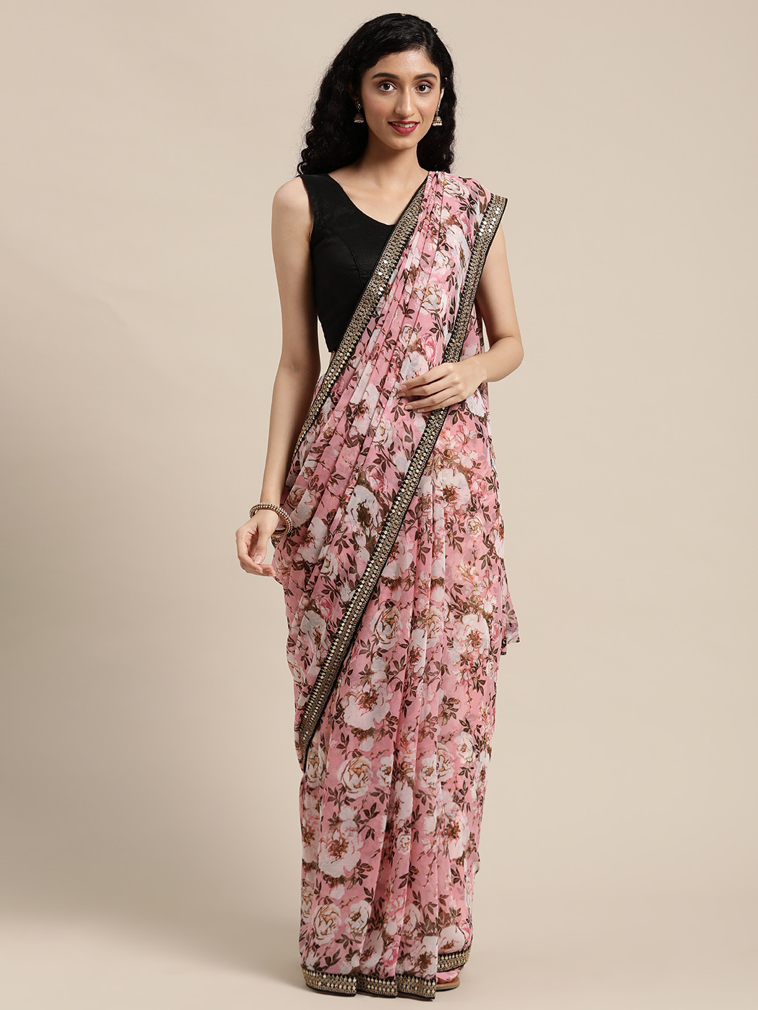 

VASTRANAND Pink Floral Print Sequinned Detail Saree