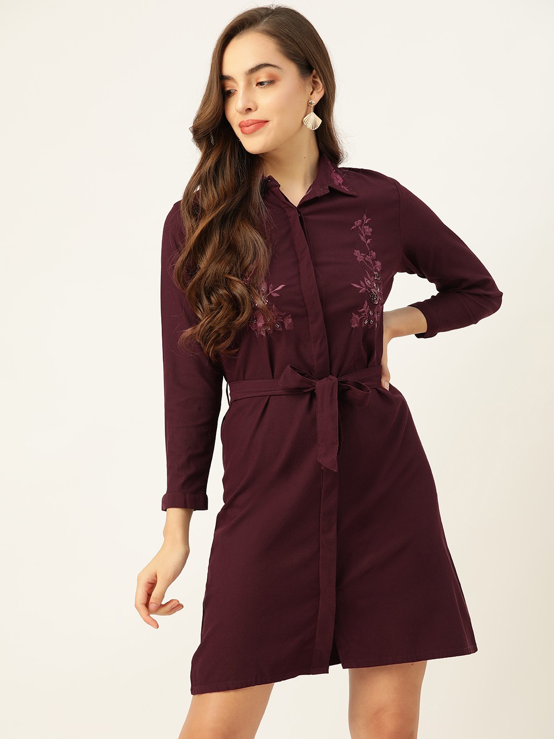 

LABEL REGALIA Maroon Pure Cotton Floral Embroidered Shirt Dress