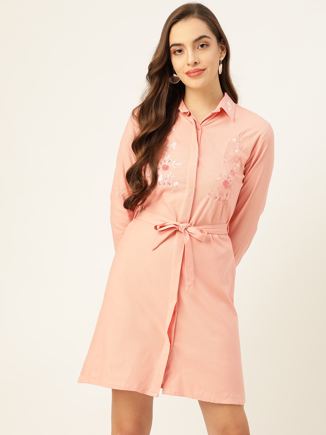 

LABEL REGALIA Pink Floral Embroidered Pure Cotton Shirt Dress