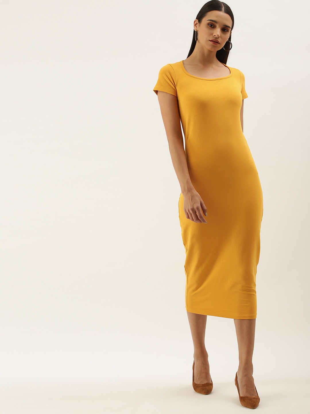 

DILLINGER Mustard Yellow Solid Bodycon Midi Dress