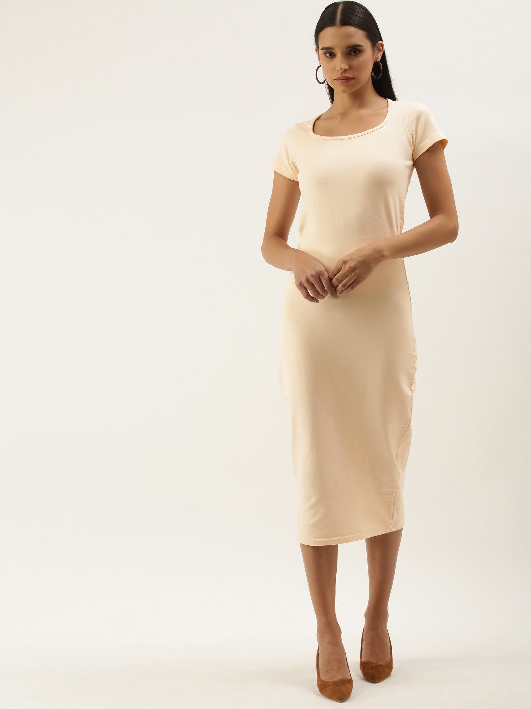 

DILLINGER Off White Solid Bodycon Midi Dress