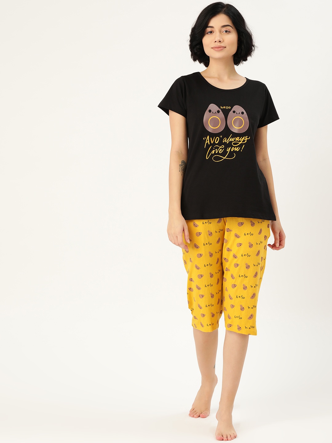 

Clt.s Women Black & Yellow Printed Night suit