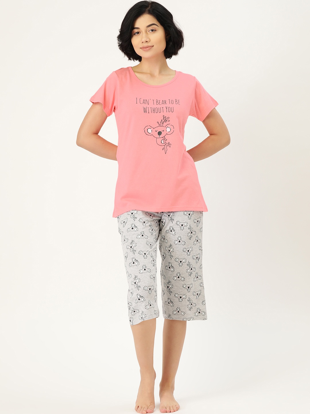 

Clt.s Women Pink & Grey Melange Printed Pure Cotton Night Suit