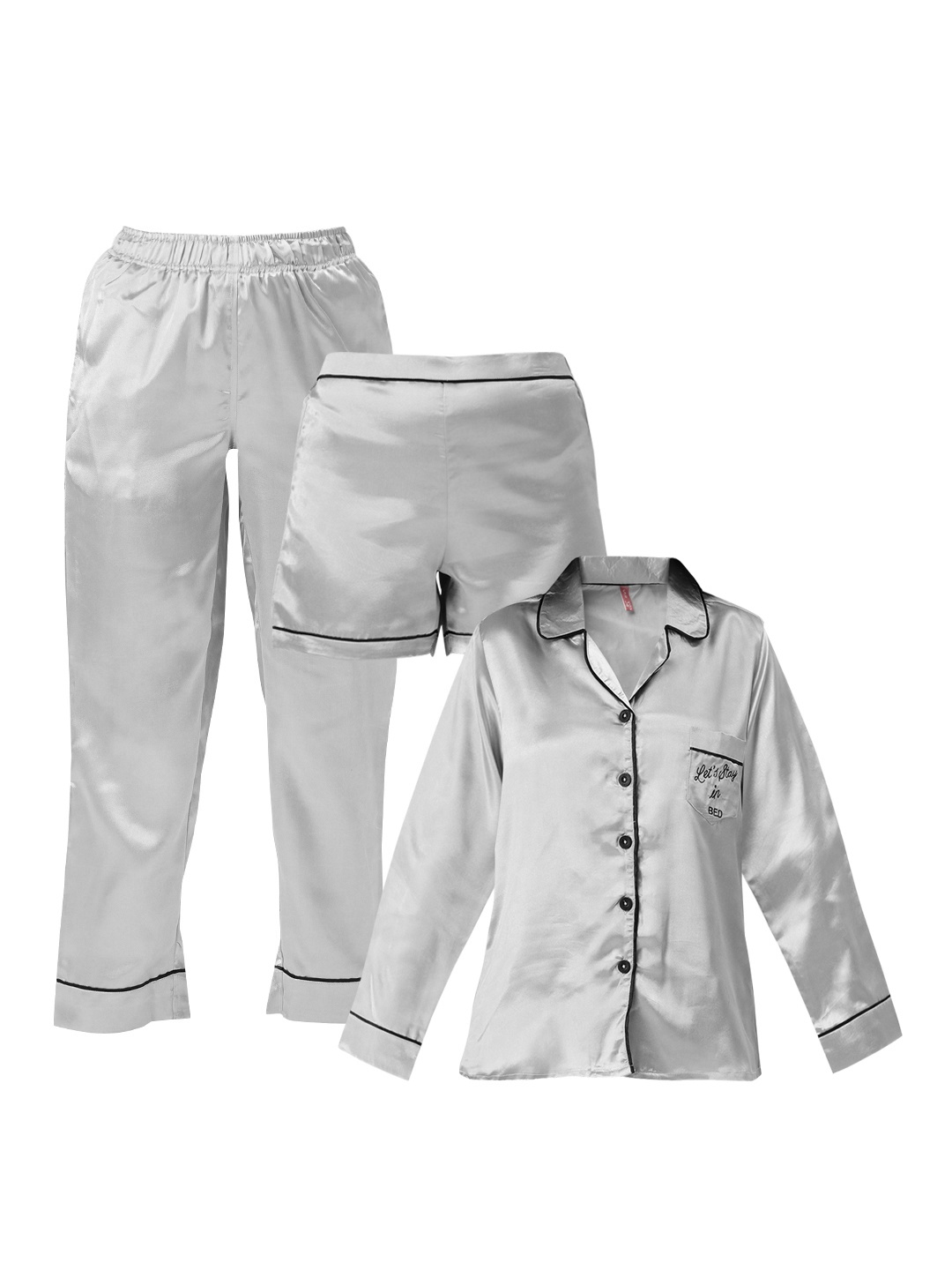 

Clt.s Women Grey Satin Finish Solid 3-Piece Nightsuit Set