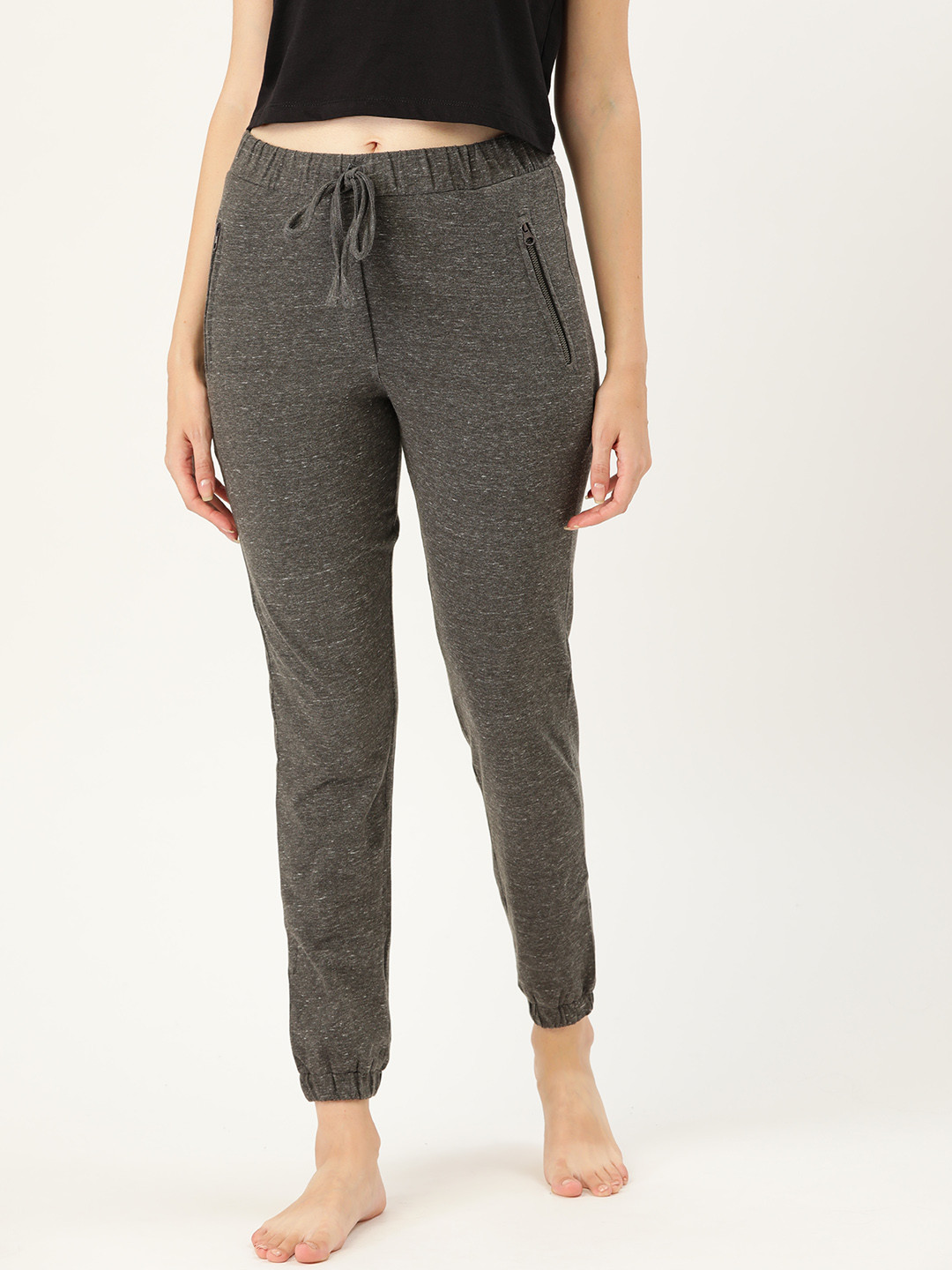 

Clt.s Women Charcoal Grey Solid Slim Fit Pure Cotton Cropped Lounge Joggers