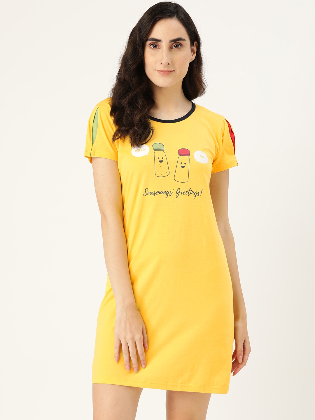

Clt.s Women Yellow Printed Pure Cotton Knitted Sleep DressNightdress
