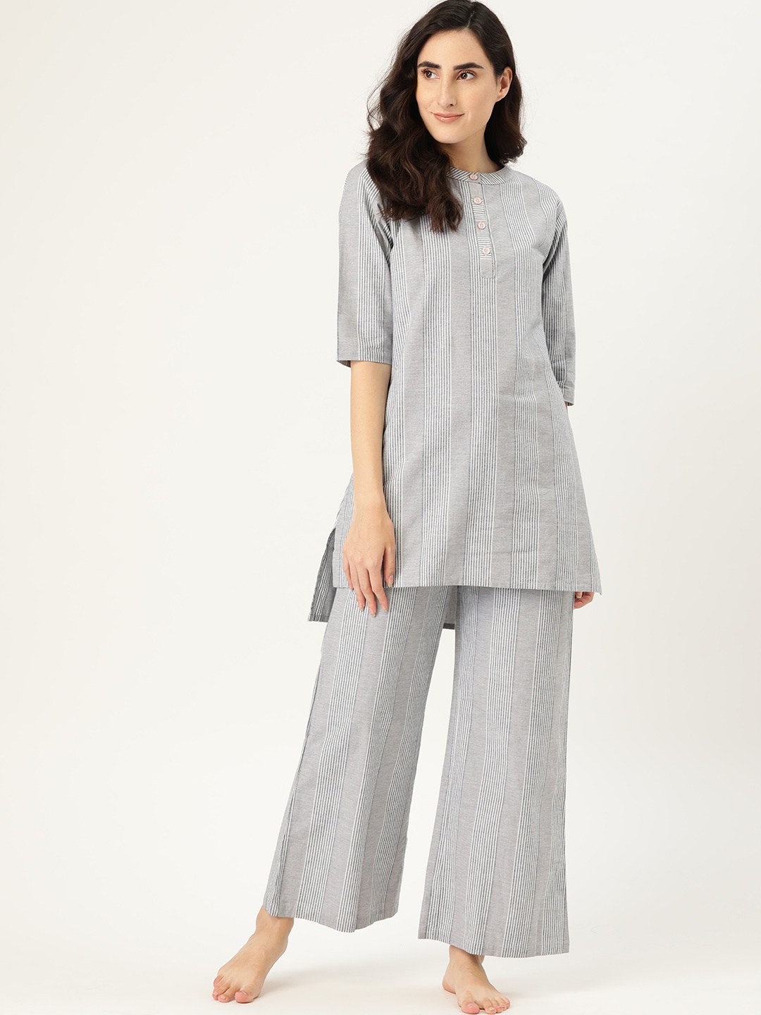 

Clt.s Women Grey Striped Pure Cotton Night Suit