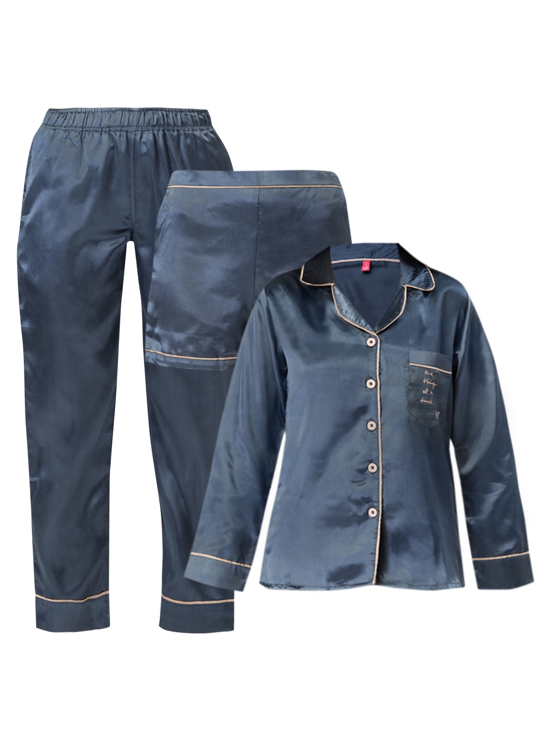 

Clt.s Women Blue Solid Satin Finish 3-Piece Pyjama Set