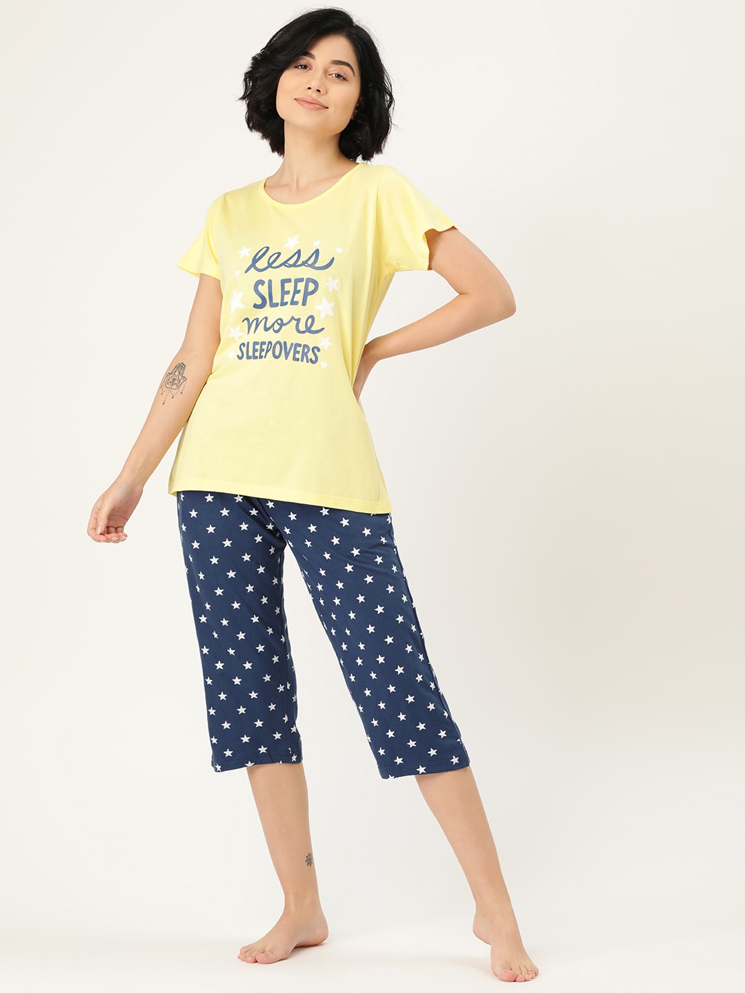

Clt.s Women Yellow & Navy Blue Printed Pure Cotton Night Suit