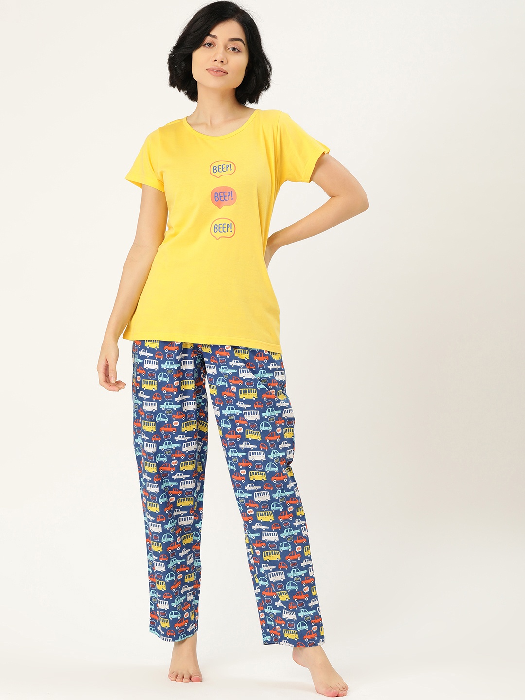 

Clt s Women Yellow & Blue Pure Cotton Printed Nightsuit