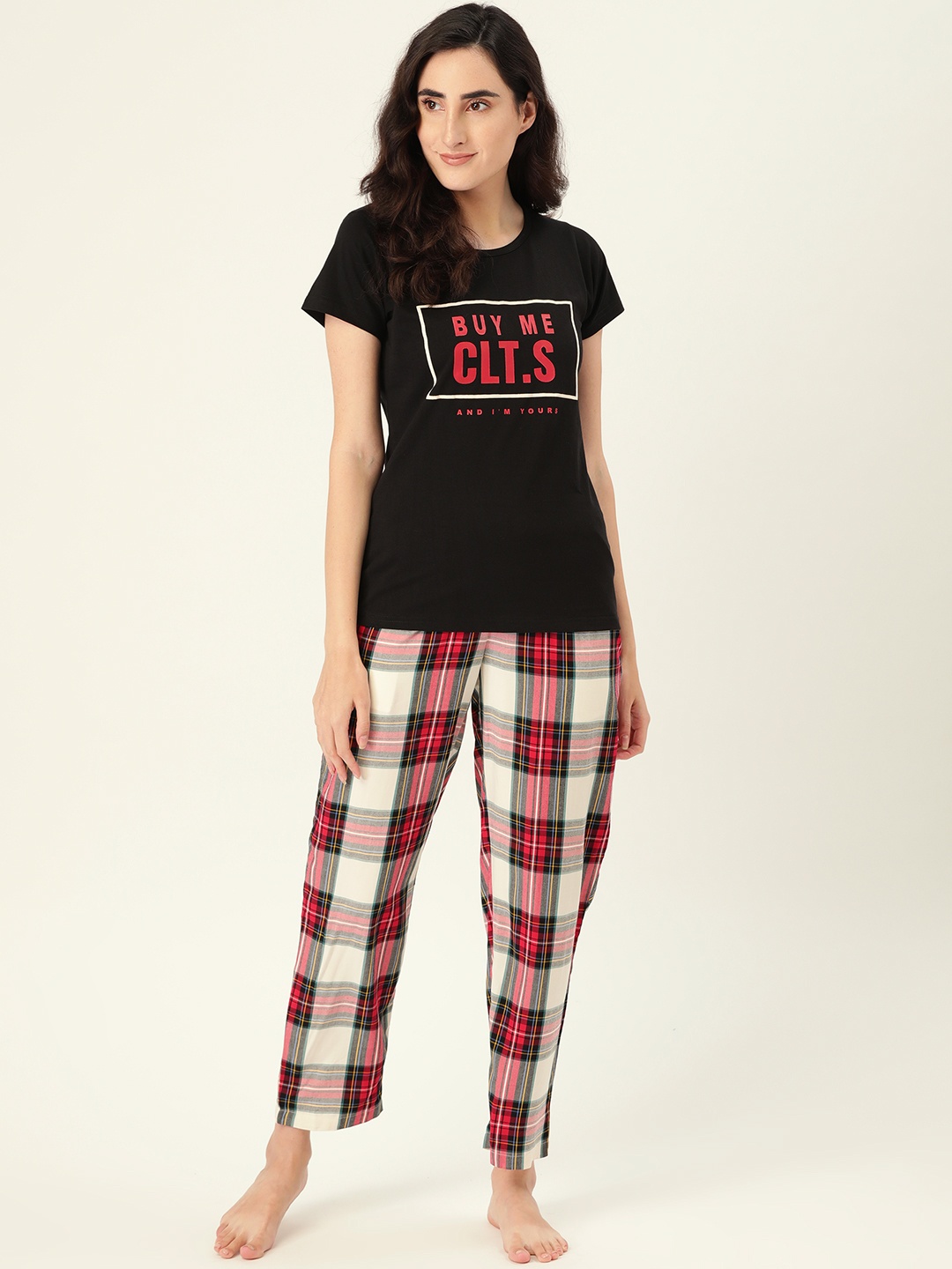 

Clt.s Women Black & Red Pure Cotton Printed Night suit