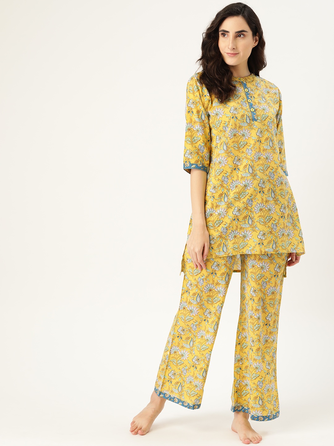 

Clt.s Women Mustard Yellow & White Ethnic Motifs Print Cotton Night suit