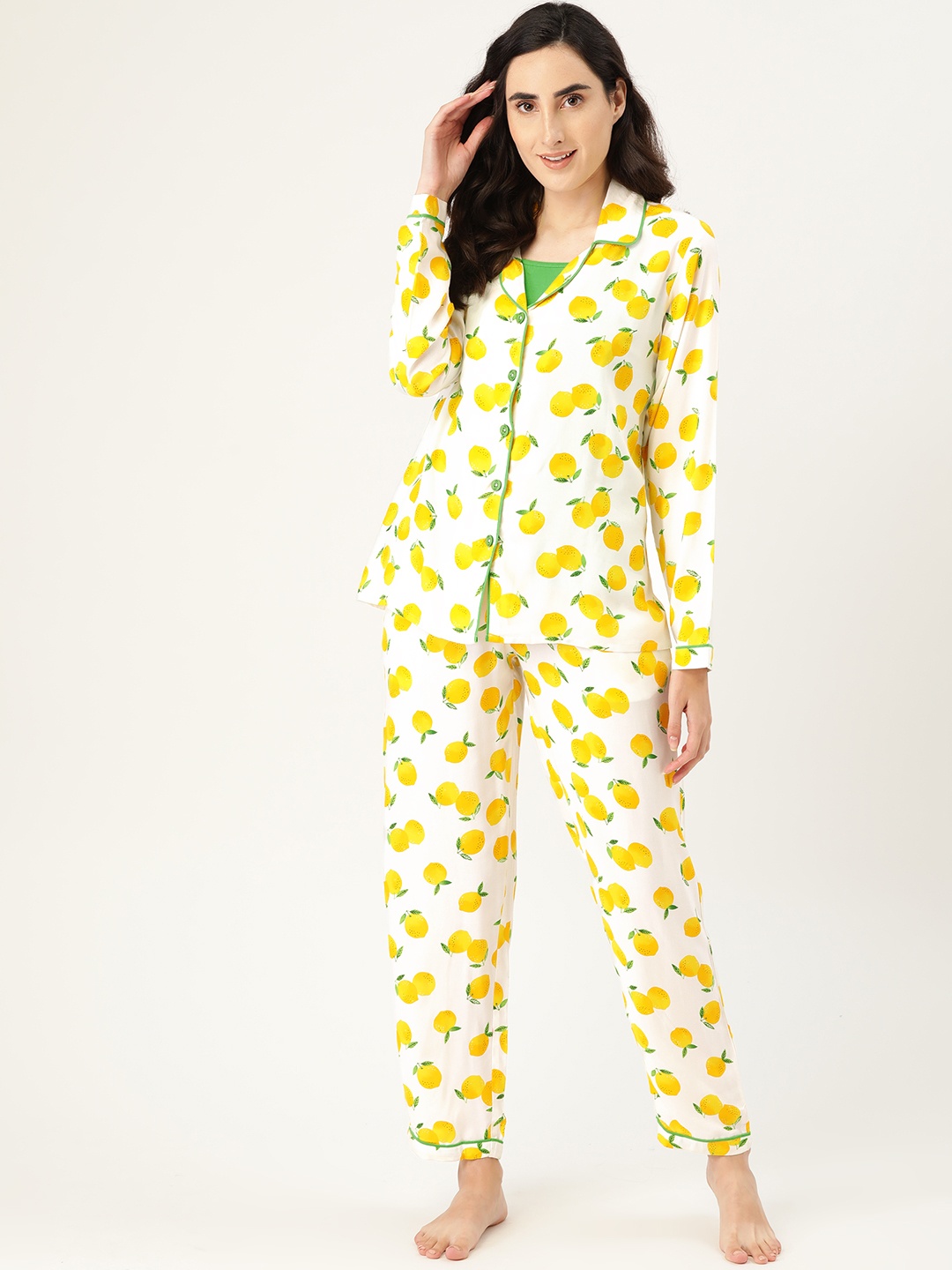 

Clt s Women Off White & Yellow Printed Night suit