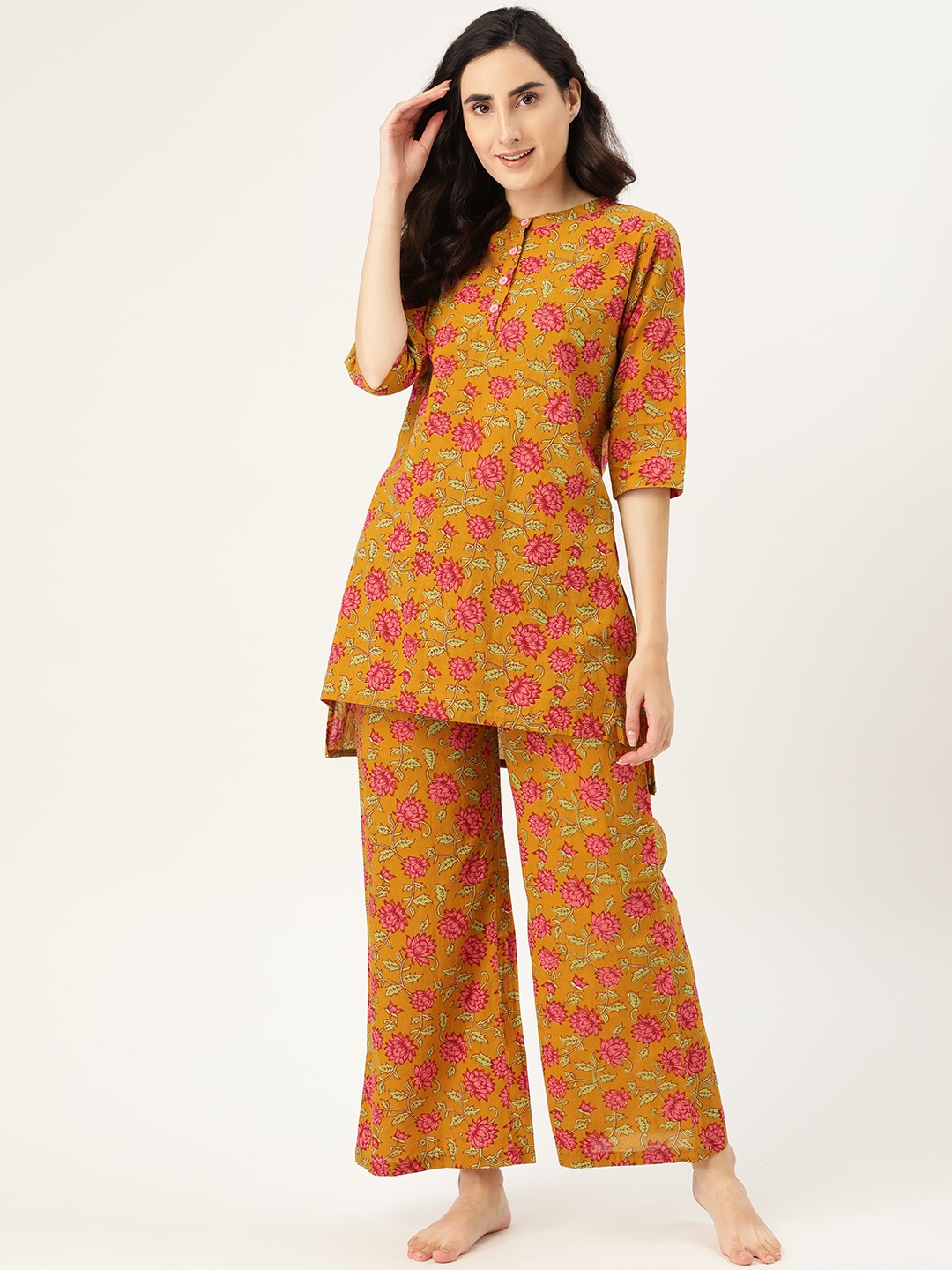 

Clt.s Women Mustard Brown & Pink Pure Cotton Ethnic Motifs Print Night suit