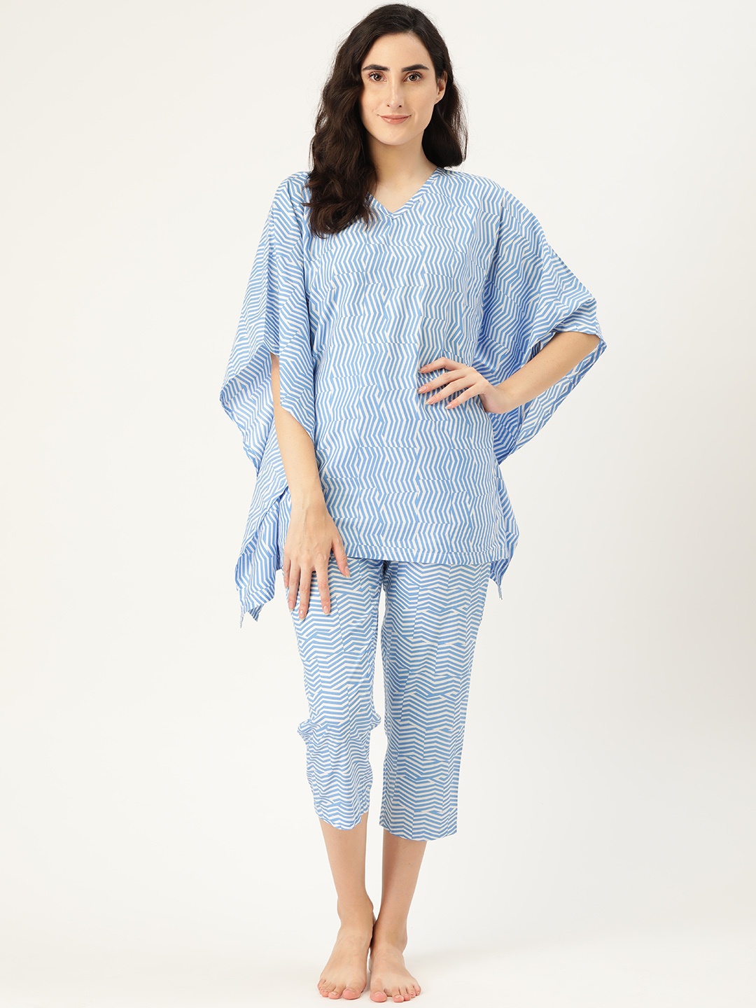 

Clt.s Women Blue & White Pure Cotton Striped Kaftan Nightsuit