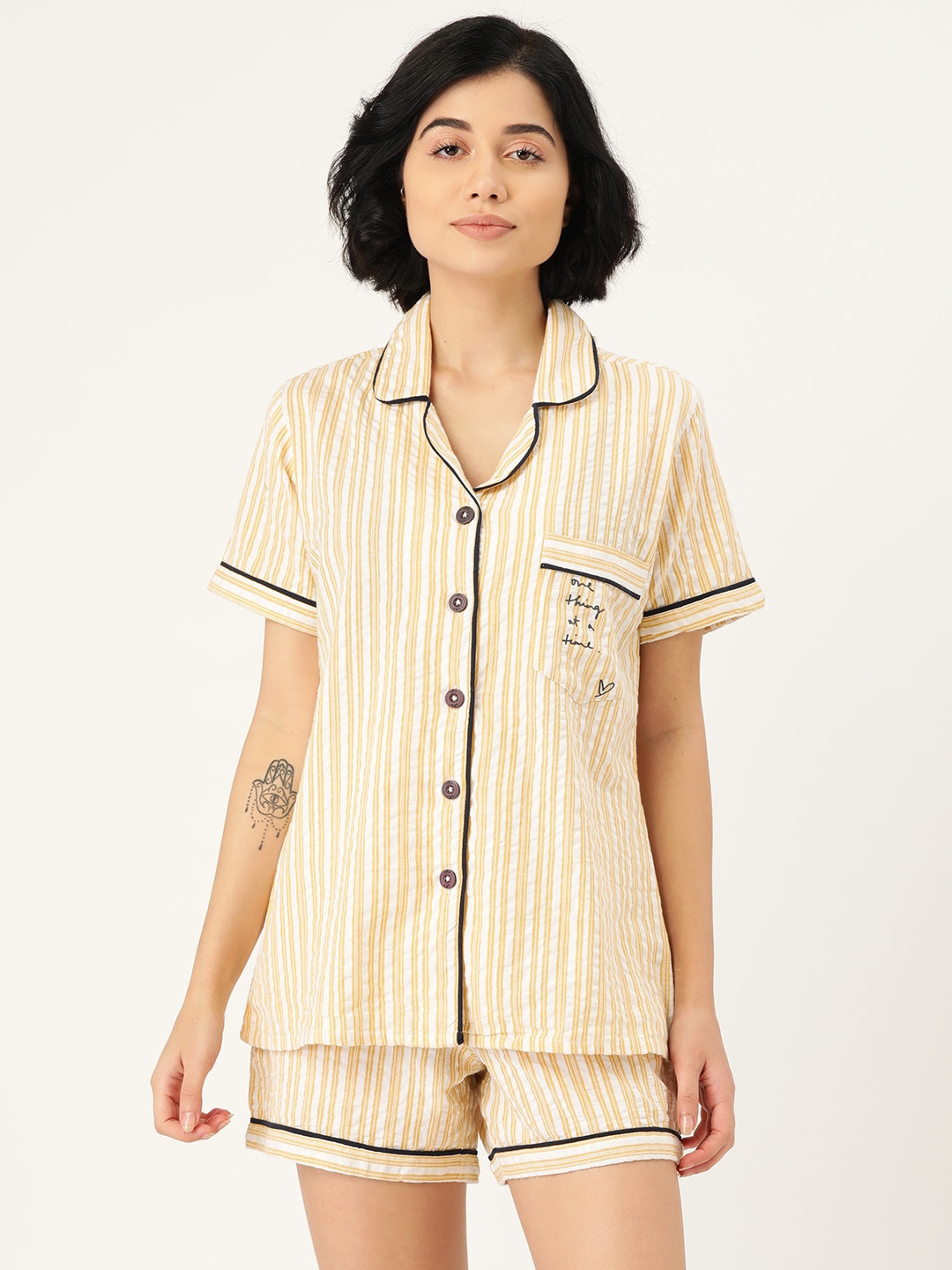 

Clt.s Women Yellow & Off White Striped Night suit