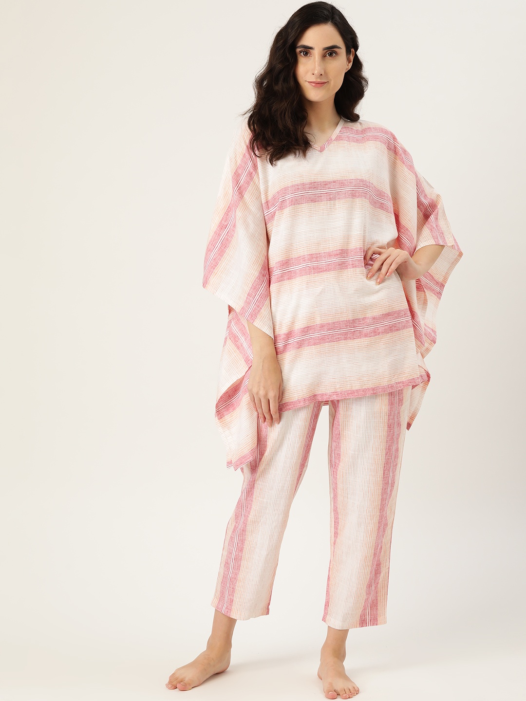 

Clt.s Women Cream-Coloured & Red Pure Cotton Striped Kaftan Nightsuit