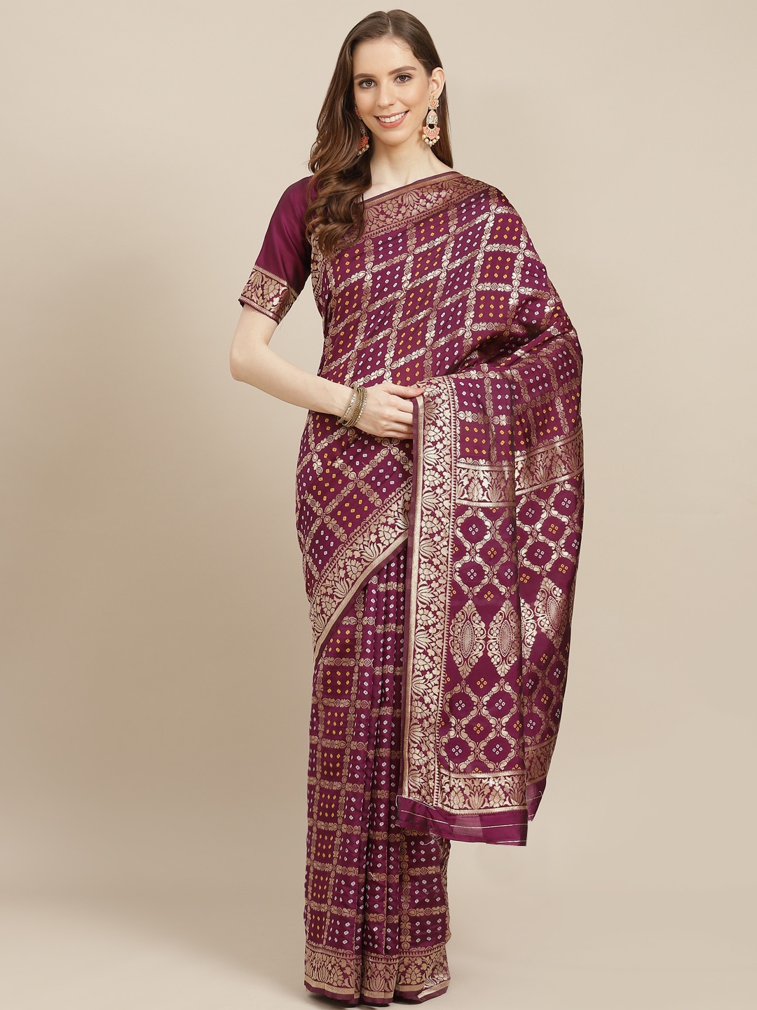 

KALINI Purple & Golden Bandhani Woven Design Banarasi Saree