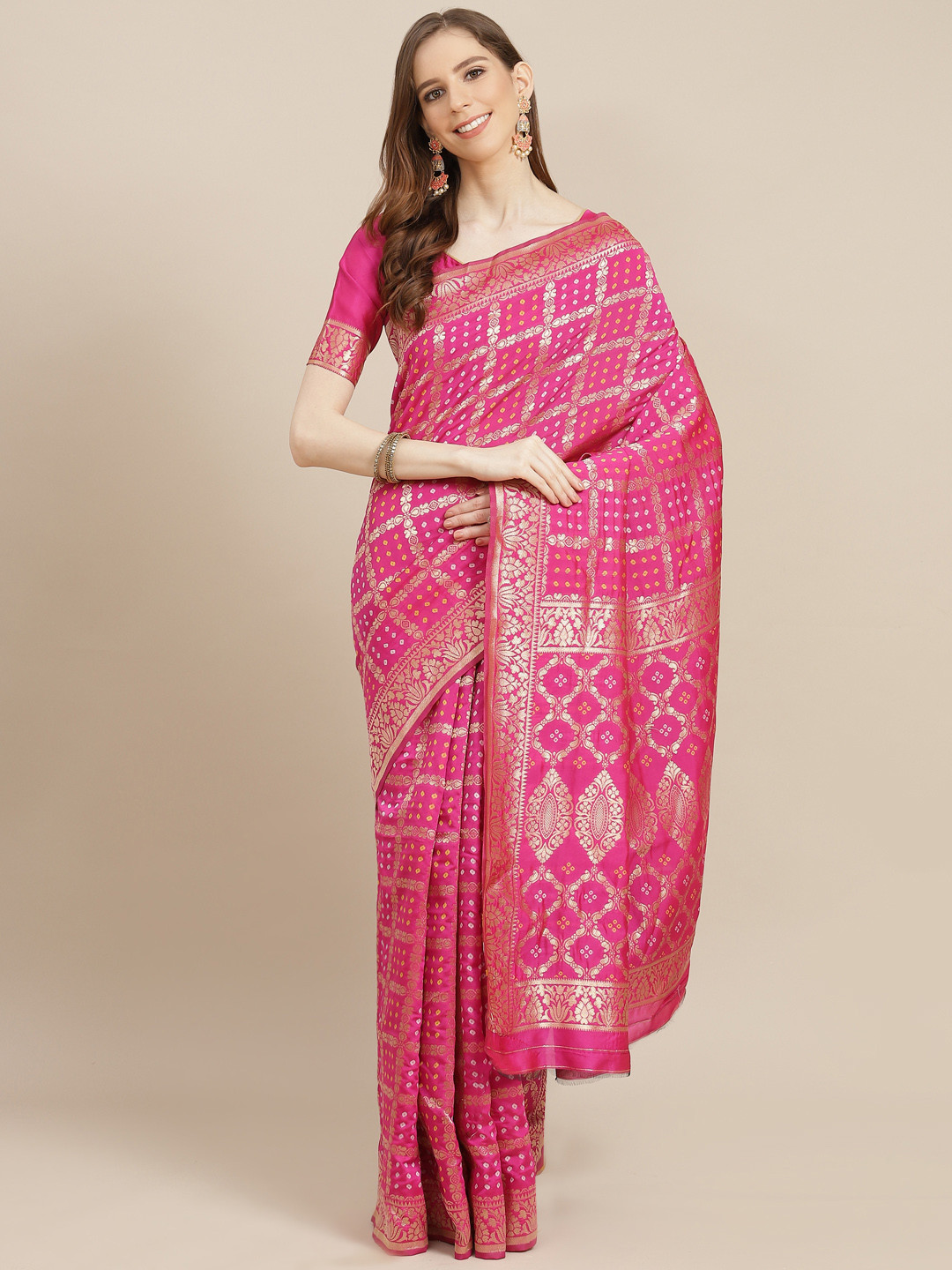 

KALINI Pink & Golden Bandhani Woven Design Banarasi Saree