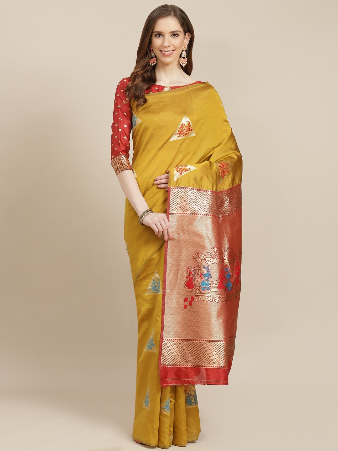 

KALINI Mustard Yellow & Golden Ethnic Motifs Banarasi Saree