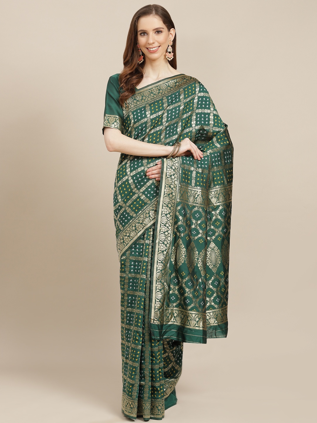 

KALINI Green & Golden Bandhani Woven Design Banarasi Saree