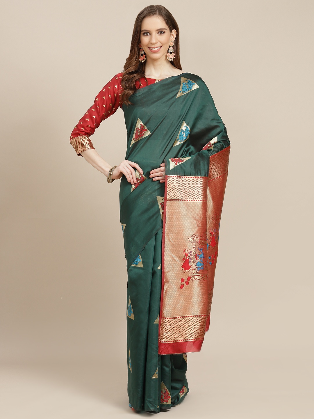 

KALINI Green & Golden Ethnic Motifs Zari Banarasi Saree