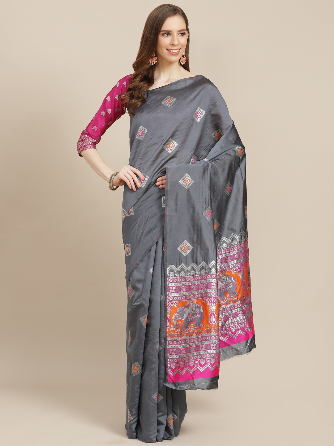 

KALINI Grey & Silver Ethnic Motifs Zari Banarasi Saree