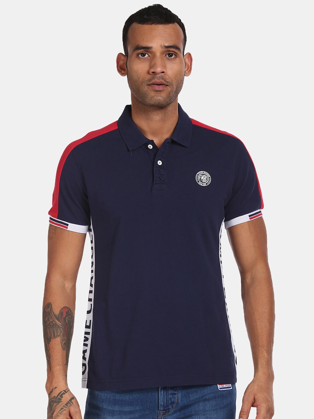 

Flying Machine Men Blue Colourblocked Polo Collar T-shirt