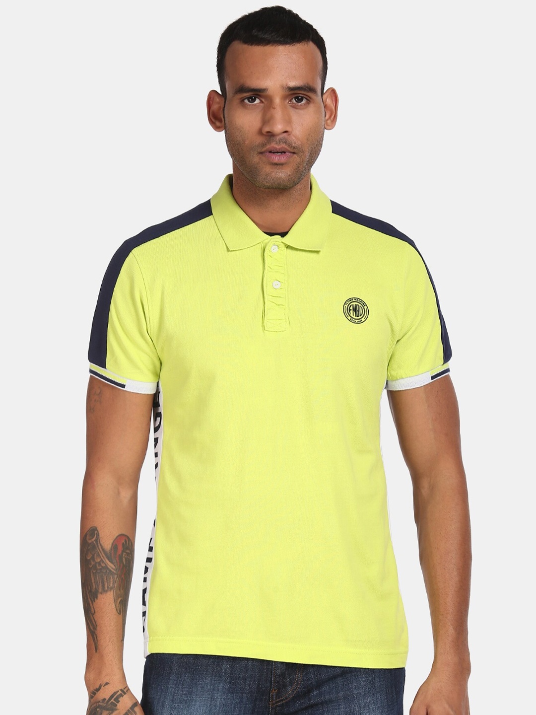 

Flying Machine Men Lime Green Colourblocked Polo Collar Pure Cotton T-shirt
