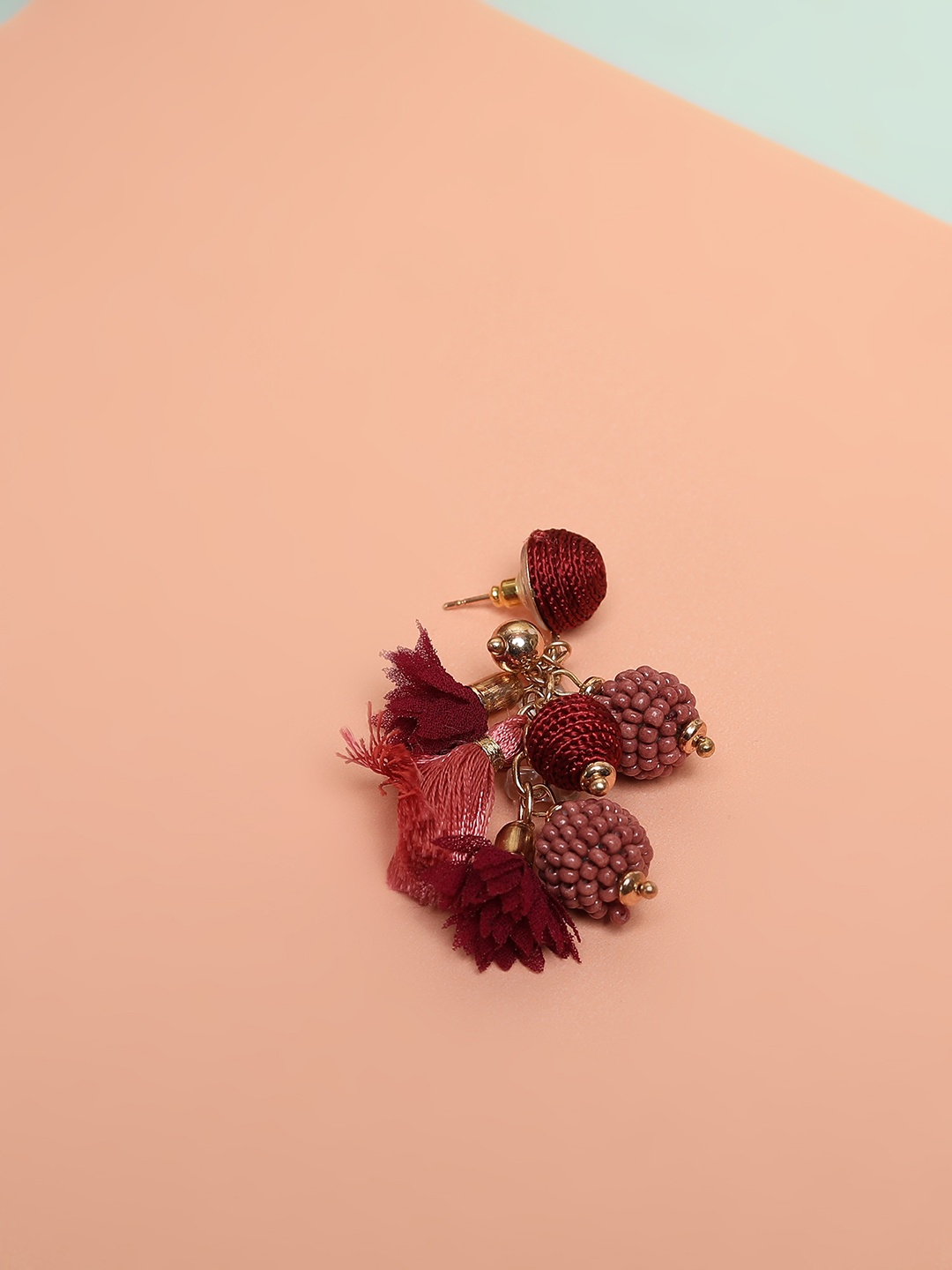 

Blueberry Pink & Burgundy Beaded & Tasselled Handcrafted Contemporary Drop Earrings