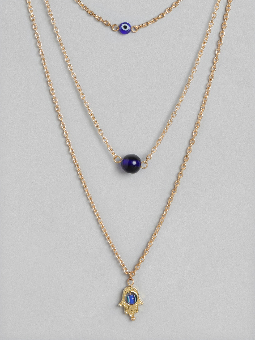 

Blueberry Blue Gold-Plated Beaded Evil Eye Detail Handcrafted Layered Necklace