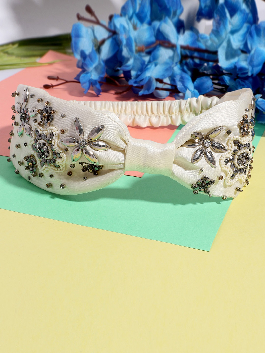 

Blueberry Women Off White Stone Studded & Beaded Satin Hairband