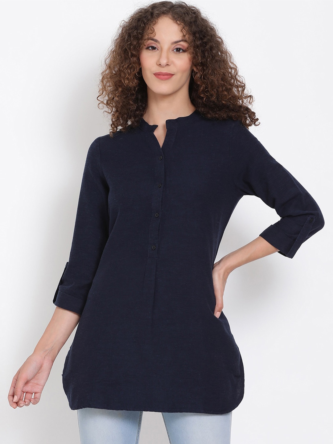 

Oxolloxo Women Navy Blue Solid Linen Blend Tunic