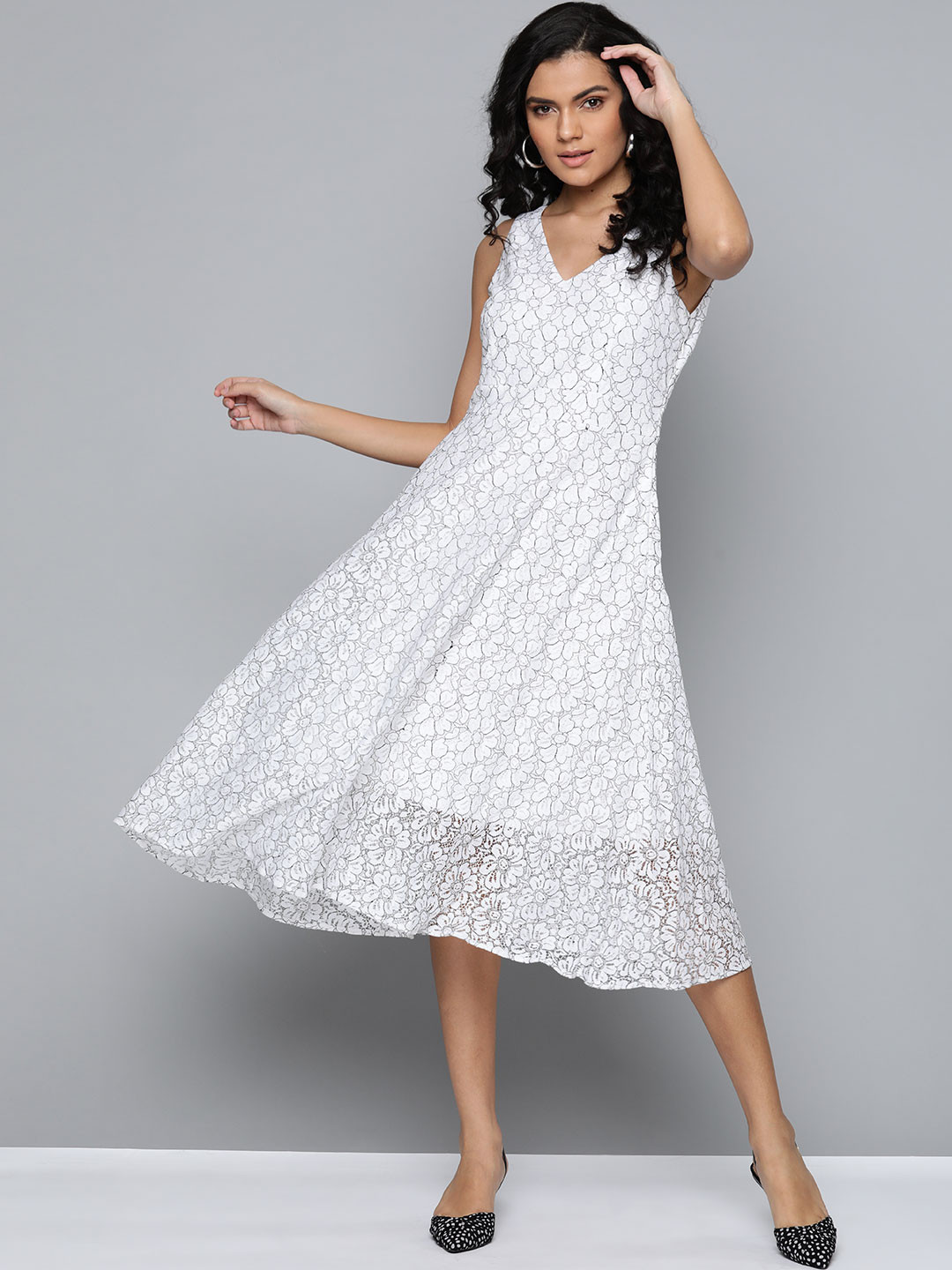 

SASSAFRAS White & Black Floral Lace A-Line Midi Dress