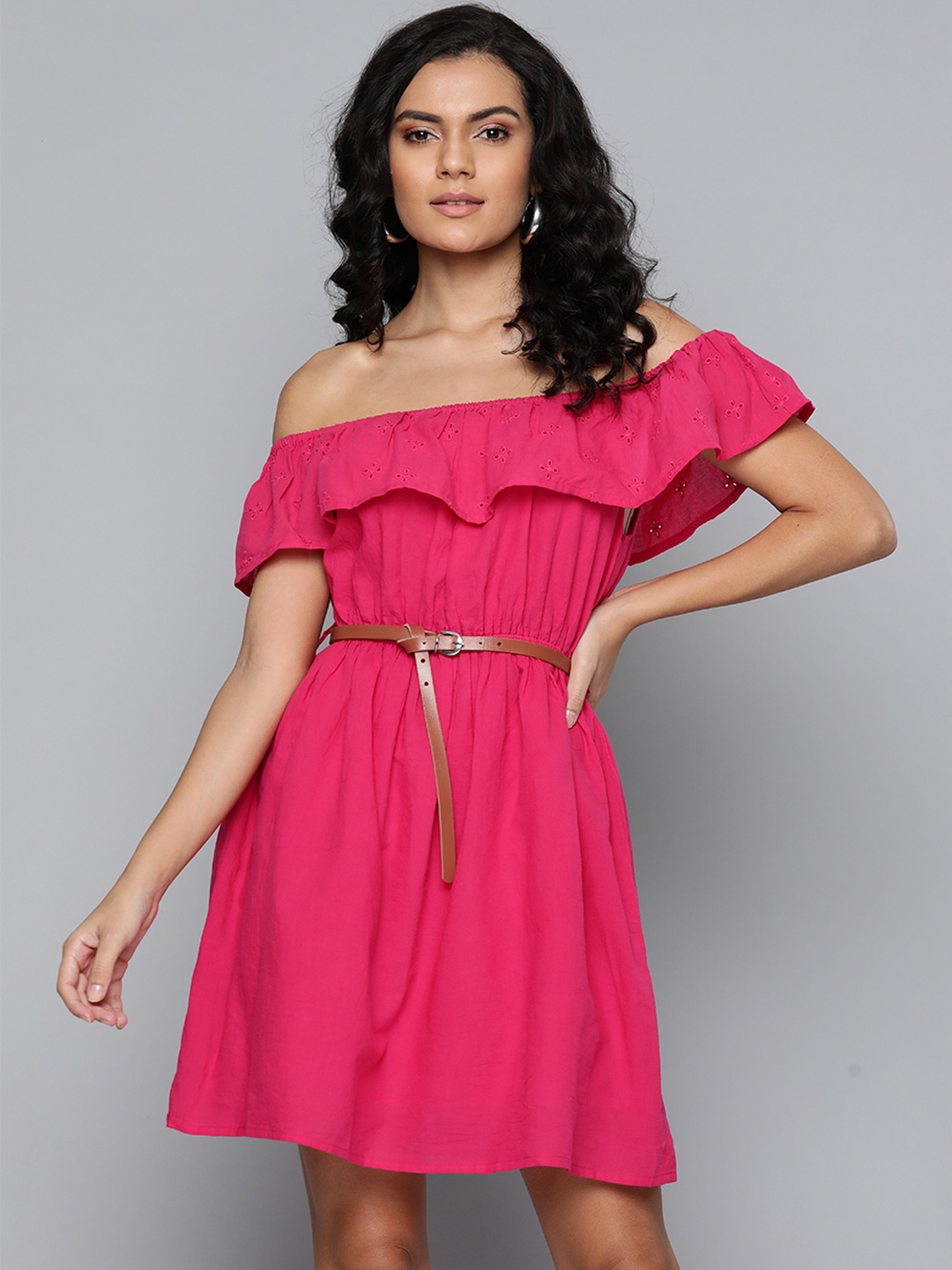 

SASSAFRAS Fuchsia Pink Off-Shoulder Pure Cotton Schiffli A-Line Dress