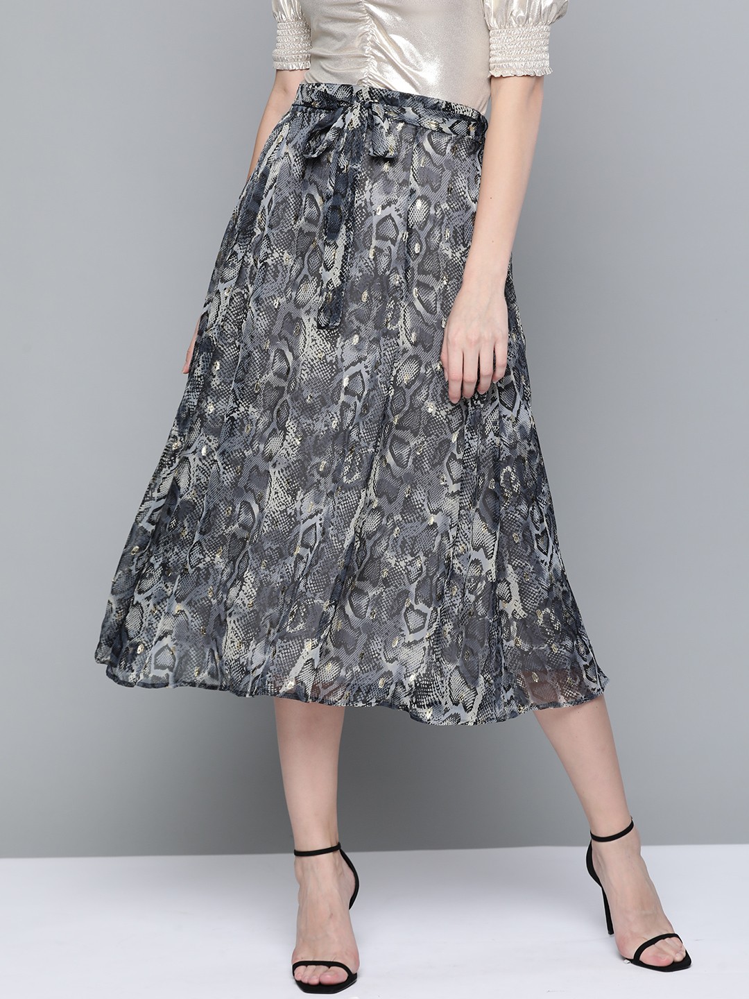 

SASSAFRAS Women Grey & Off-White Animal Print Midi Flared Skirt with Tie-Up Detail