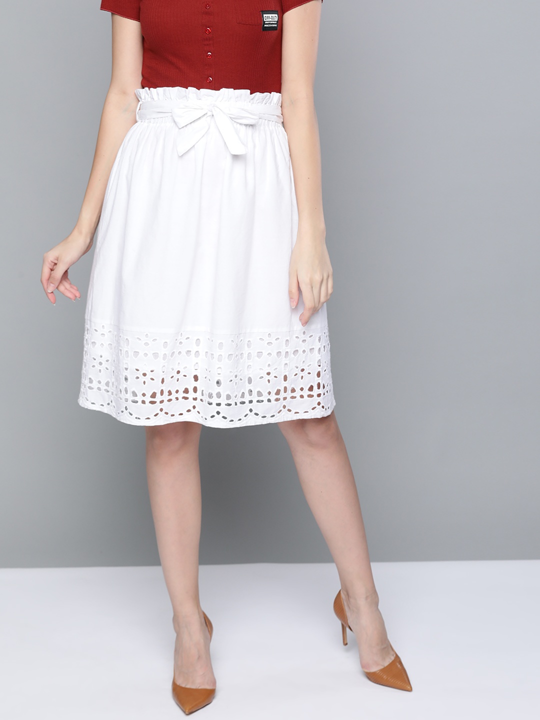 

SASSAFRAS White Pure Cotton Schiffli Detail Flared Skirt with Belt