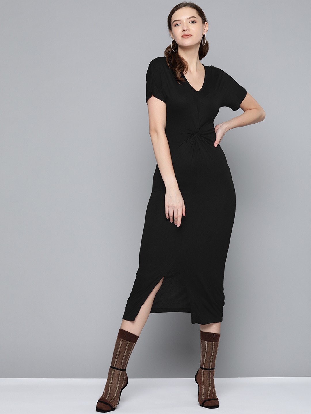 

SASSAFRAS Black Sheath Twisted Midi Dress