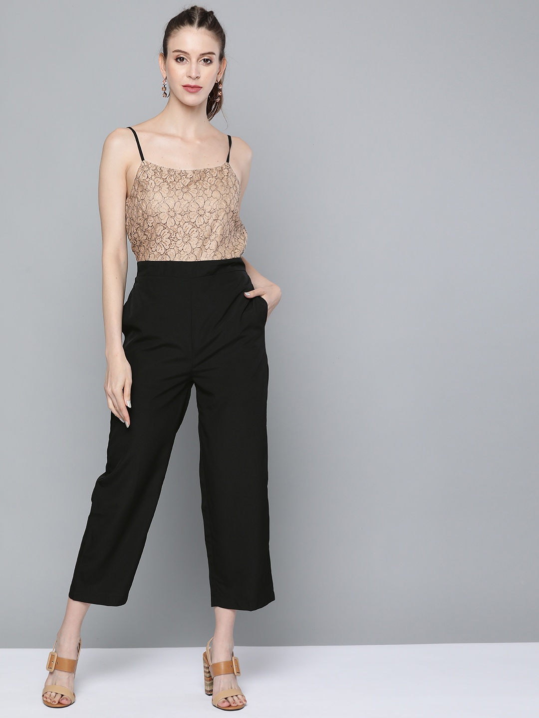 

SASSAFRAS Beige & Black Basic Jumpsuit with Lace Inserts