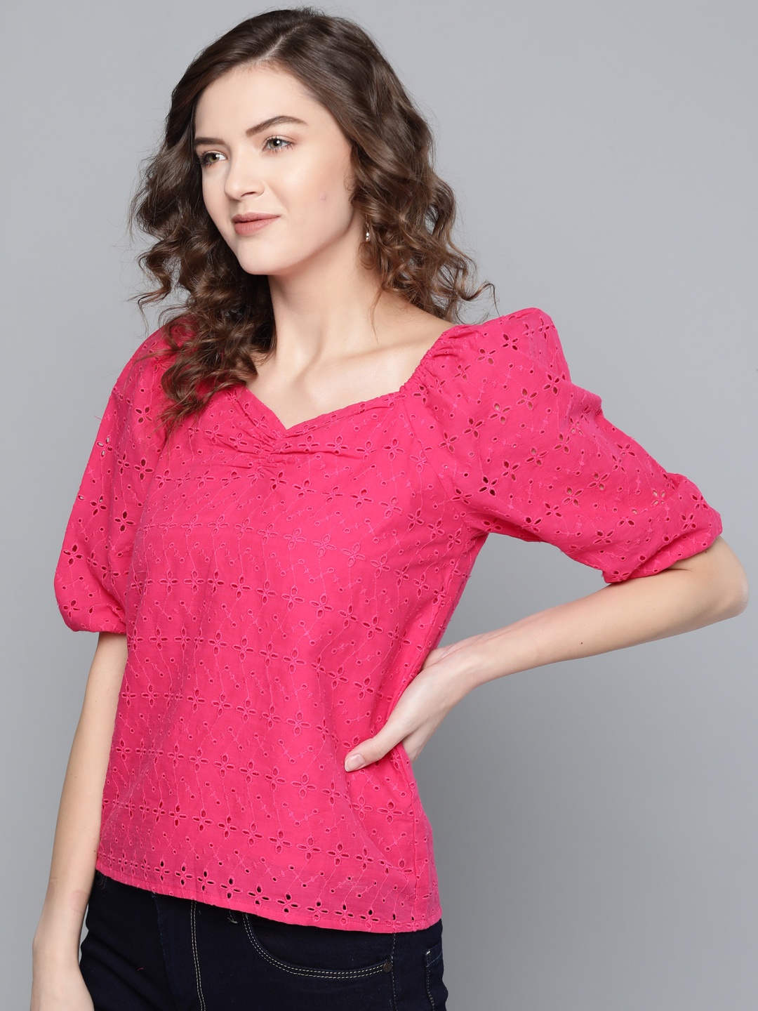 

SASSAFRAS Fuchsia Pure Cotton Schiffli Embroidered Puff Sleeve Top